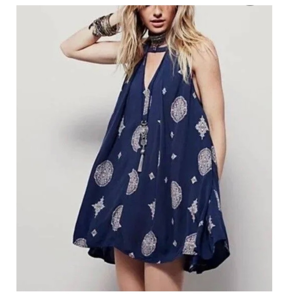 Free People | Boho Gauzy Medallion Print Tree Swing Mini Dress Navy | S
